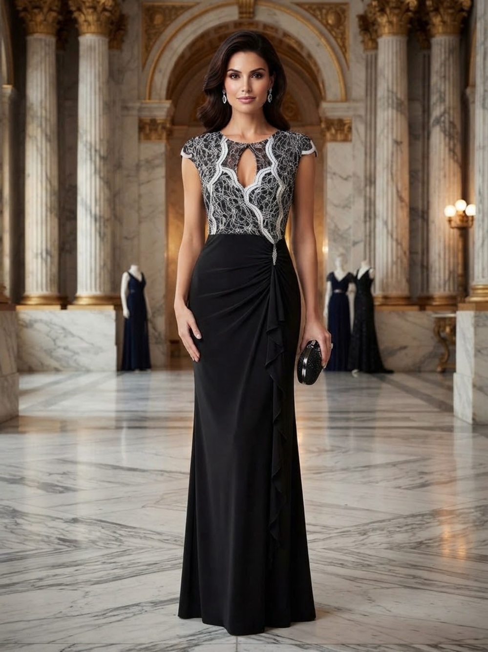 connected apparel Black Evening Gown with Silver Lace Bodice